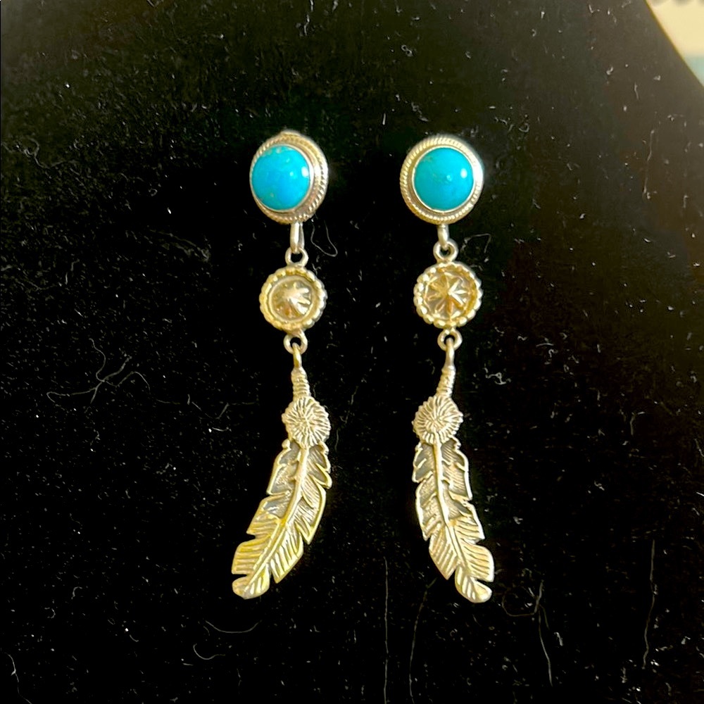 BOBBY PLATERO Silver and Turquoise Feather Earrings